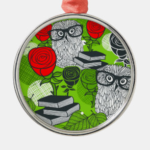 Owl in red roses metal tree decoration
