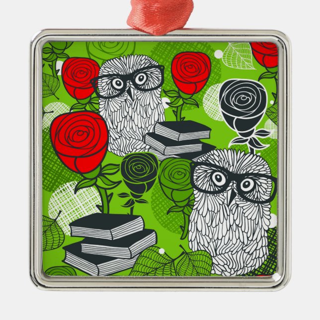 Owl in red roses metal tree decoration (Front)