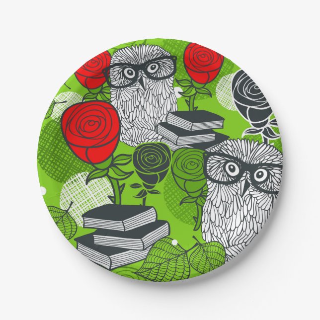Owl in red roses paper plate (Front)