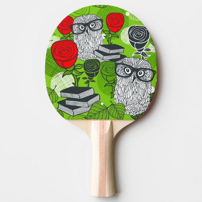 Owl in red roses ping pong paddle (Front)