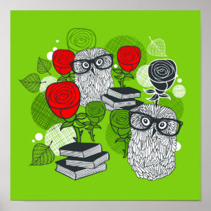 Owl in red roses poster