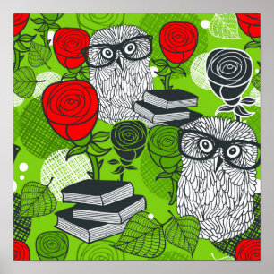 Owl in red roses poster
