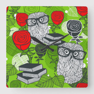 Owl in red roses square wall clock