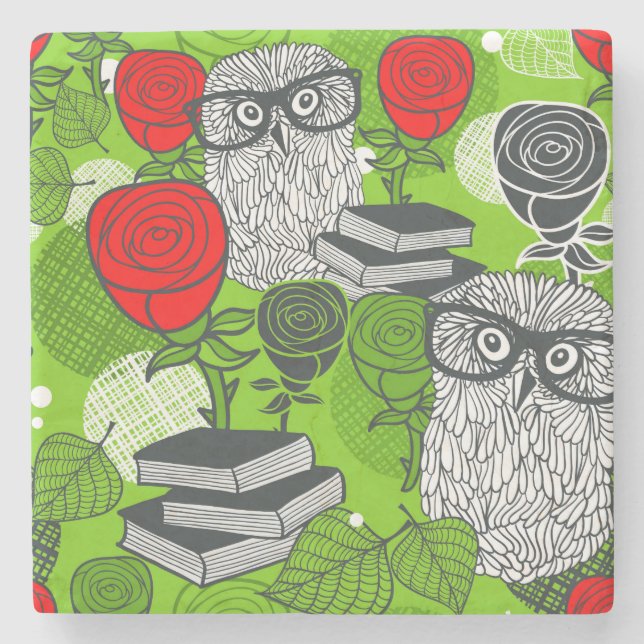 Owl in red roses stone coaster (Front)