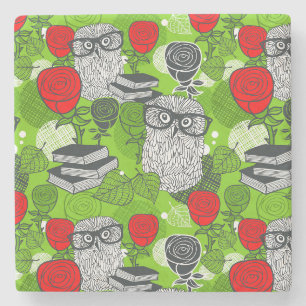 Owl in red roses stone coaster