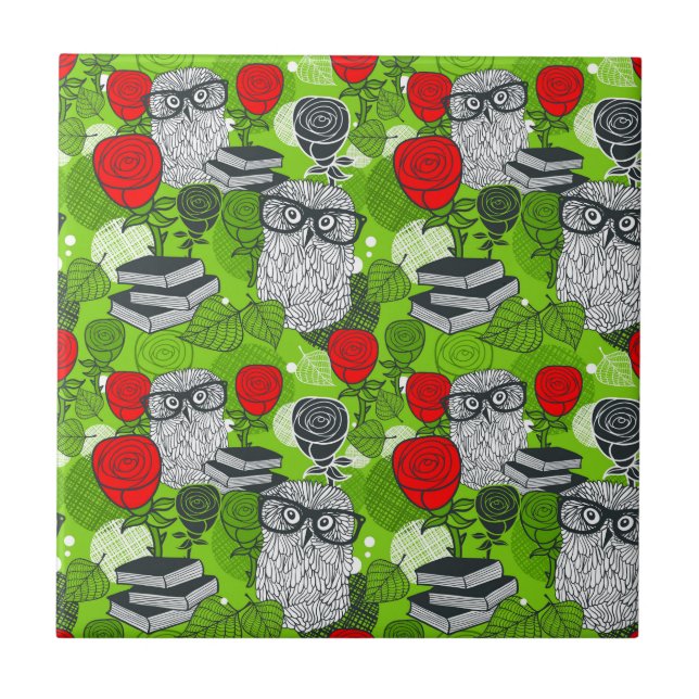 Owl in red roses tile (Front)