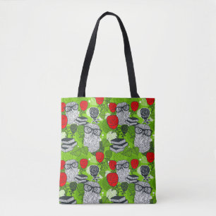 Owl in red roses tote bag