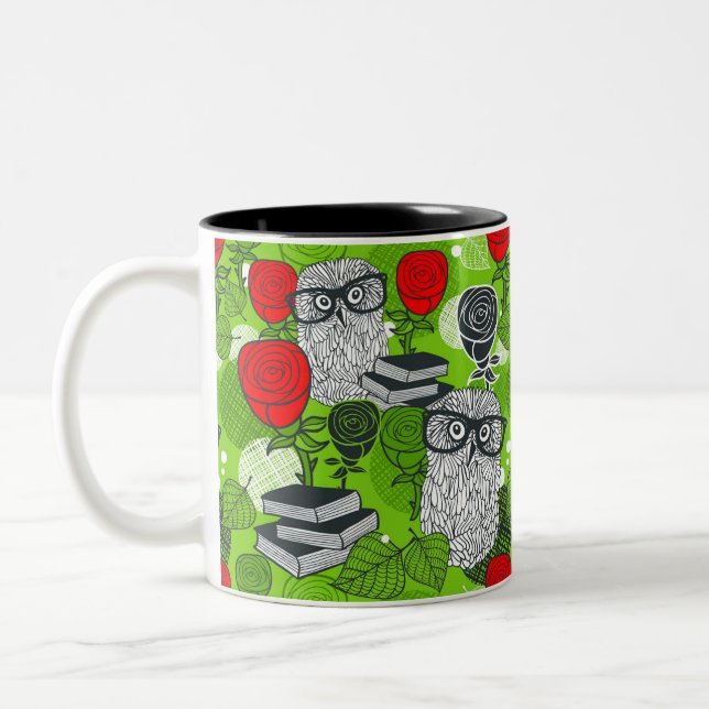 Owl in red roses Two-Tone coffee mug (Left)