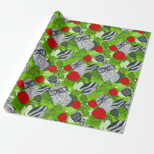 Owl in red roses wrapping paper