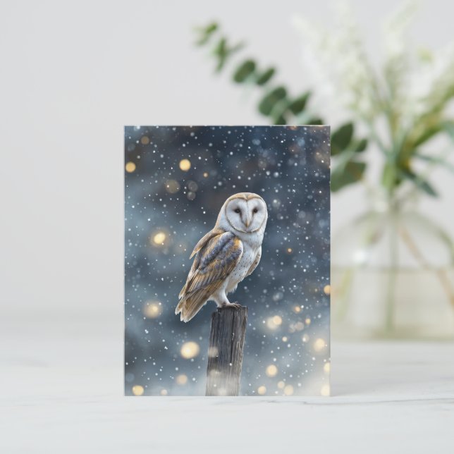 Owl in Snow Winter Solstice  Holiday Postcard (Standing Front)