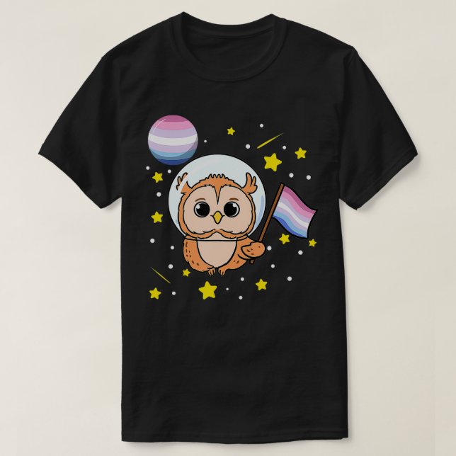Owl In Space Bigender Pride  T-Shirt (Design Front)