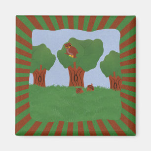 Owl in the Oak Tree Sunburst Design Magnet