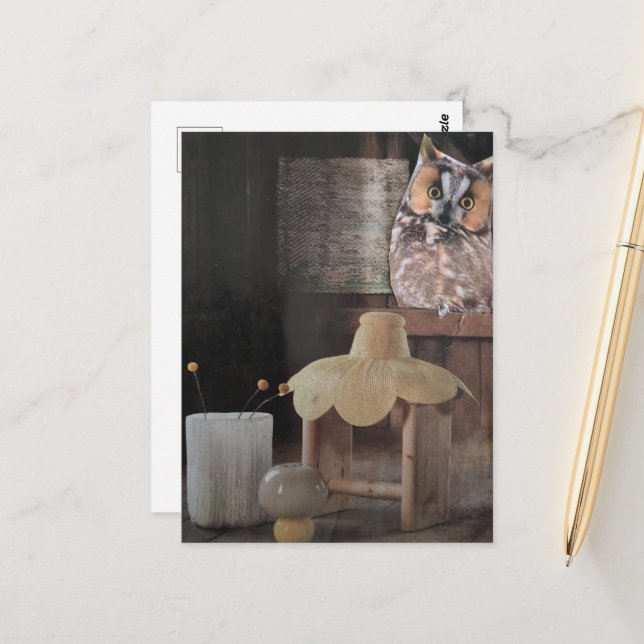 Owl in the Rustic Room a Surreal Collage Postcard (Front/Back In Situ)