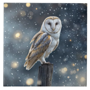 Owl in the Snow at Night Pretty Tile