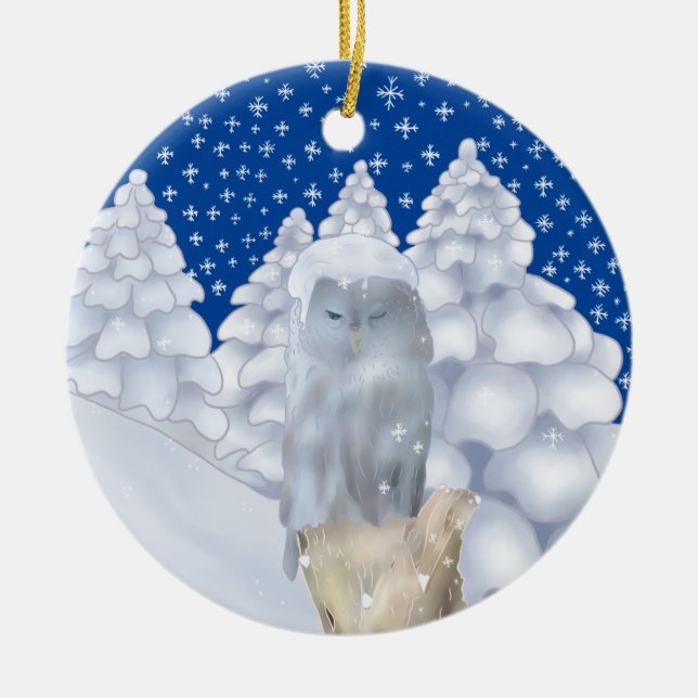 owl in the snow ceramic tree decoration (Front)