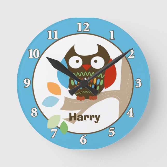 Owl in Tree Tops Personalised Wall Clock - Blue (Front)