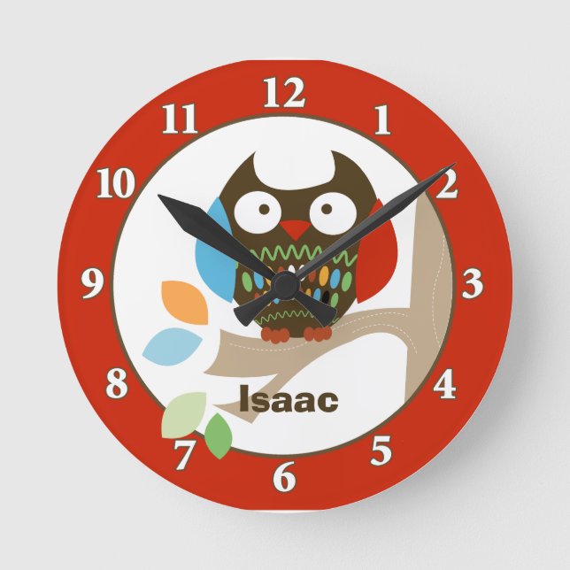 Owl in Tree Tops Personalised Wall Clock - Red (Front)