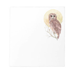 Owl in Tree with Moon Watercolor Bird, Animal Notepad