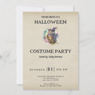 Owl in Witch's Hat Pastel Vintage Halloween Invitation