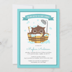 Owl in Wooden Bathtub Boy Baby Shower Invitation