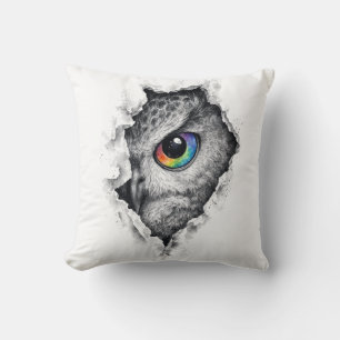 Owl Ink Portrait with Vibrant Rainbow Eye Cushion