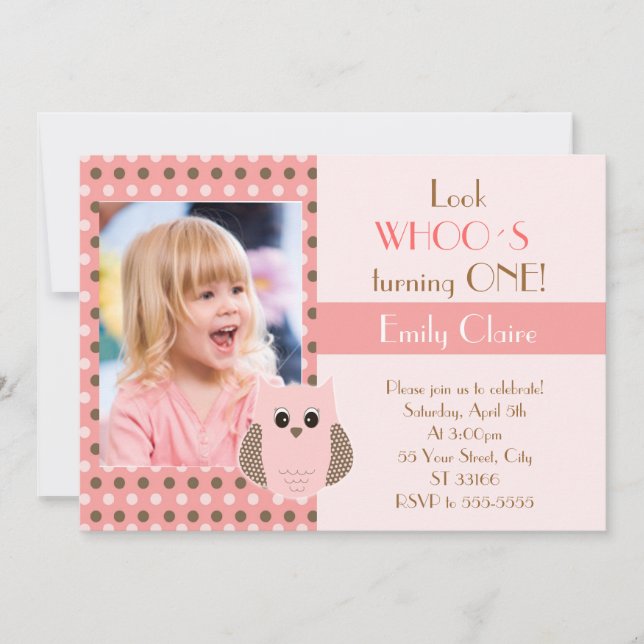 Owl Invitation Girl Birthday Party Photo Card (Front)