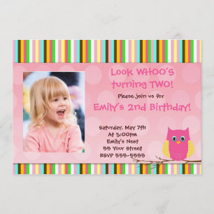 Owl Invitation Girl Birthday Party Stripes Photo