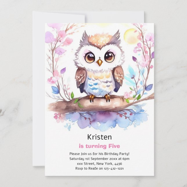 Owl Kids Girl Birthday Invitation (Front)
