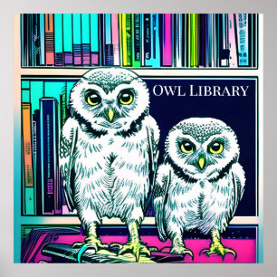 OWL LIBRARY two owls, books Poster