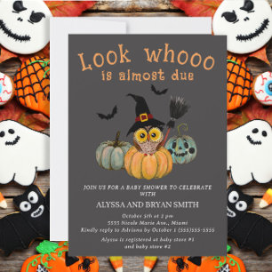 Owl Look Whooo Almost Due Halloween Baby Shower Invitation