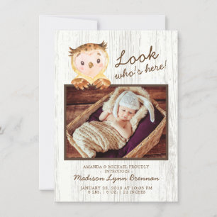 Owl Look Who's Here Girls Photo Birth Announcement