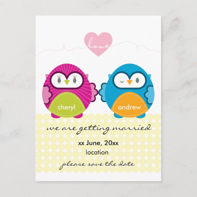 OWL LOVE :: bright girl + boy Announcement Postcard (Front)