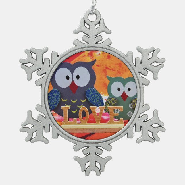 Owl love snowflake pewter christmas ornament (Front)