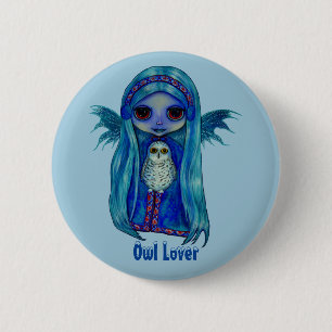 Owl Lover Fairy with Snowy Owl Winter Big Eyes 6 Cm Round Badge