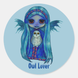 Owl Lover Fairy with Snowy Owl Winter Big Eyes Classic Round Sticker