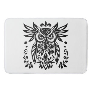 Owl Lovers Rustic Woodlands Black White Bohemian Bath Mat