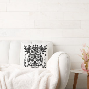 Owl Lovers Rustic Woodlands Black White Bohemian Cushion
