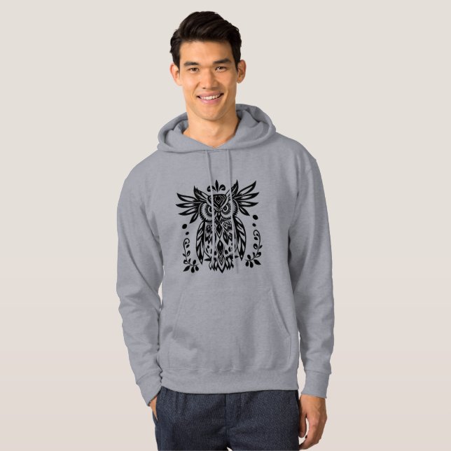 Owl Lovers Rustic Woodlands Black White Bohemian  Hoodie (Front Full)