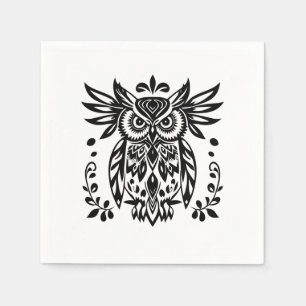 Owl Lovers Rustic Woodlands Black White Bohemian  Napkin