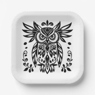 Owl Lovers Rustic Woodlands Black White Bohemian  Paper Plate