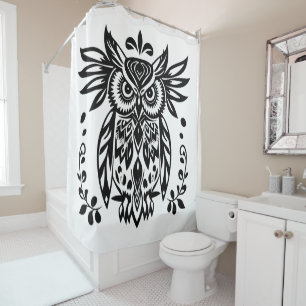 Owl Lovers Rustic Woodlands Black White Bohemian Shower Curtain