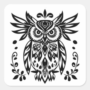 Owl Lovers Rustic Woodlands Black White Bohemian  Square Sticker