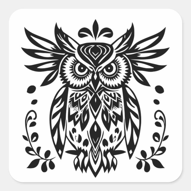 Owl Lovers Rustic Woodlands Black White Bohemian  Square Sticker (Front)