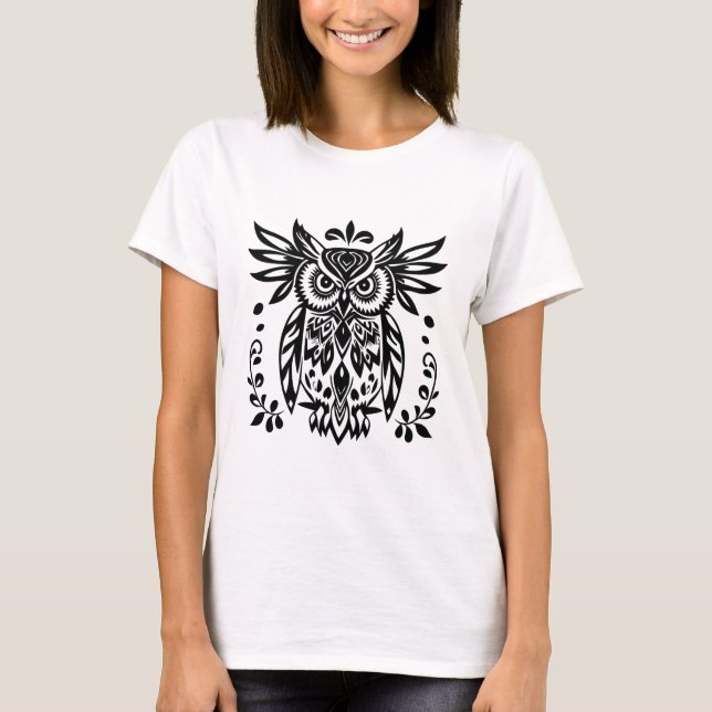 Owl Lovers Rustic Woodlands Black White Bohemian  T-Shirt (Front)