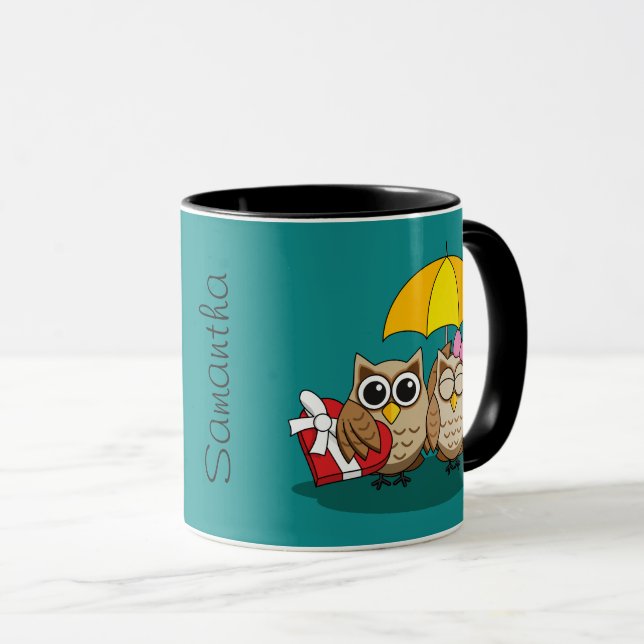 Owl Lovers w/ Umbrella & Chocolate Box | Add Name Mug (Front Right)