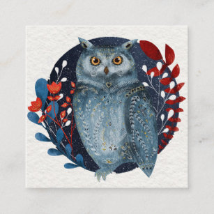 Owl Magical Floral Folk Art Watercolor Painting Square Business Card