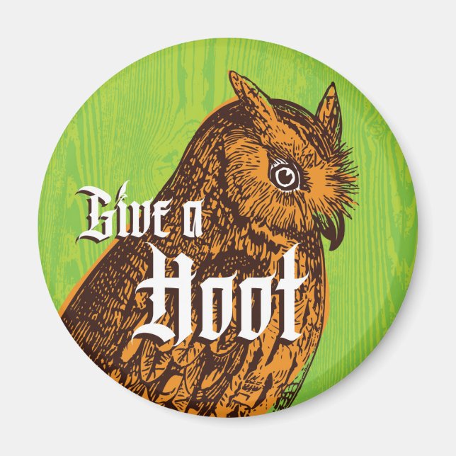 Owl Magnet Orange Green Woodgrain (Front)