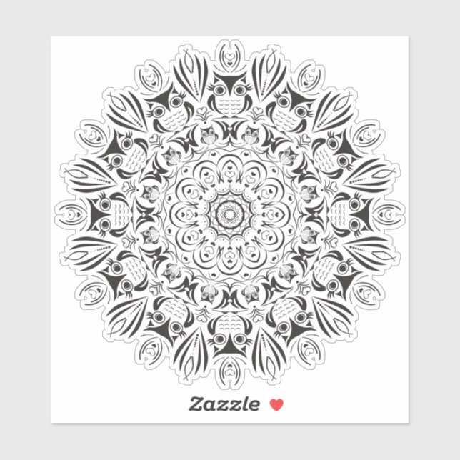 Owl mandala large round sticker (Sheet)