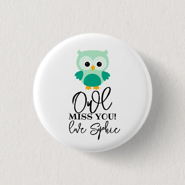 Owl miss you teacher green 3 cm round badge (Front)