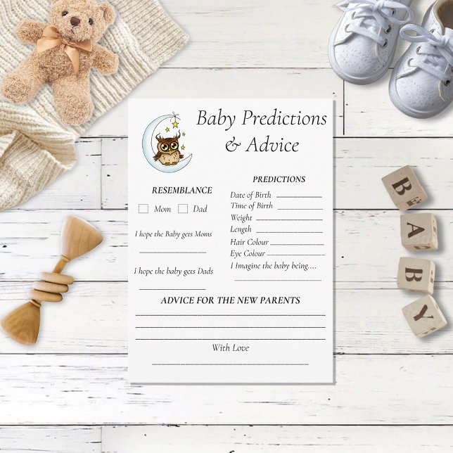 Owl Moon Blue Cute Stars Baby Shower Predictions  Enclosure Card (Creator Uploaded)